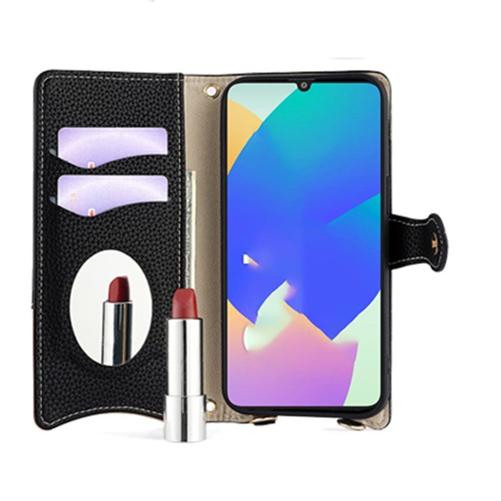 For Samsung Galaxy F06 5G Leather Case Wallet Stand Cover Irregular Tail Style with Chain Strap - Black