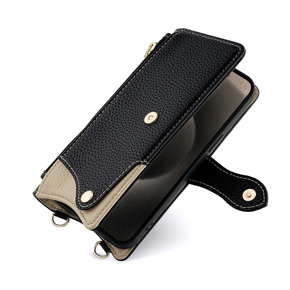 For Samsung Galaxy F06 5G Leather Case Wallet Stand Cover Irregular Tail Style with Chain Strap - Black