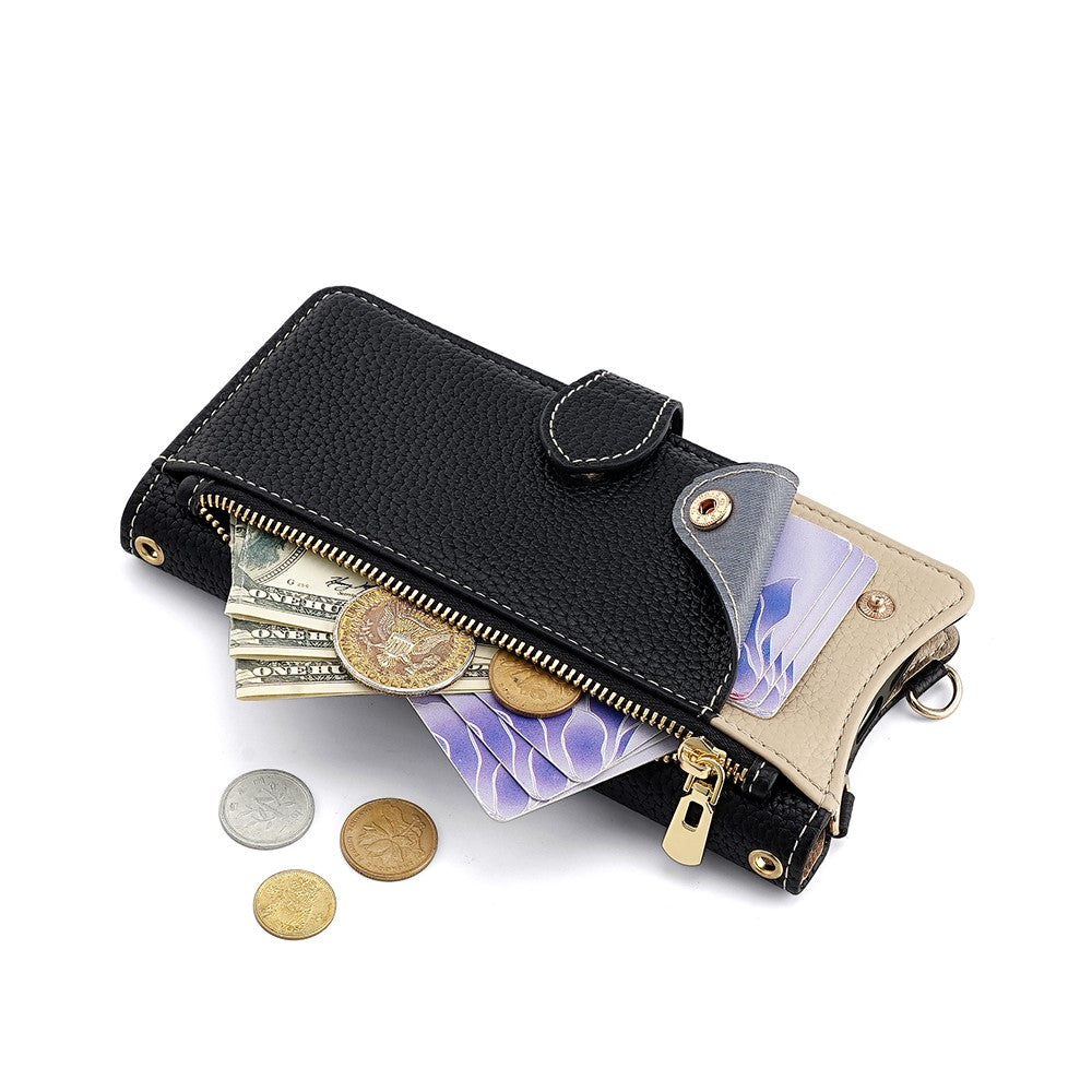 For Samsung Galaxy F06 5G Leather Case Wallet Stand Cover Irregular Tail Style with Chain Strap - Black