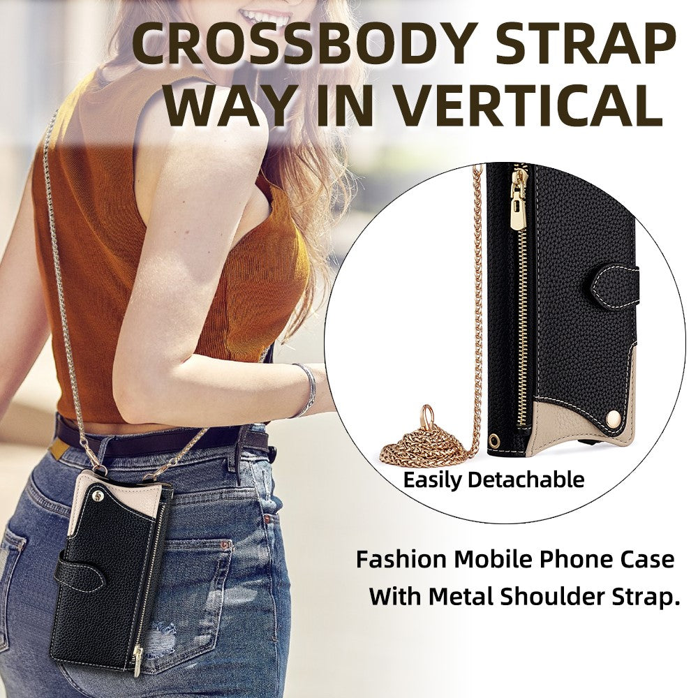 For Samsung Galaxy F06 5G Leather Case Wallet Stand Cover Irregular Tail Style with Chain Strap - Black