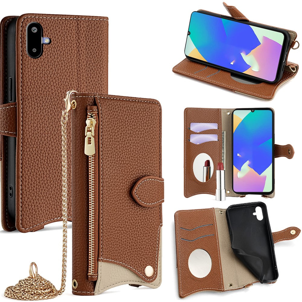 For Samsung Galaxy F06 5G Leather Case Wallet Stand Cover Irregular Tail Style with Chain Strap - Brown