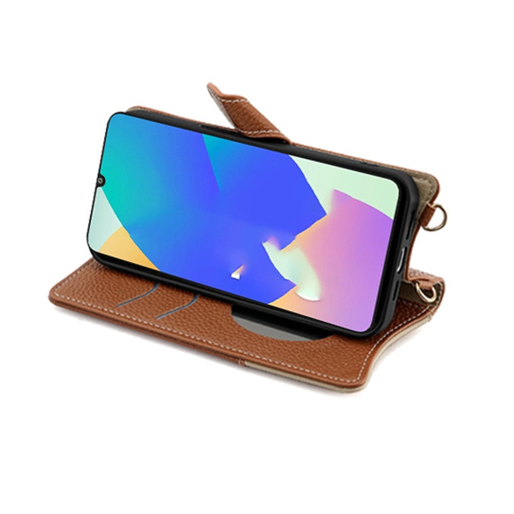 For Samsung Galaxy F06 5G Leather Case Wallet Stand Cover Irregular Tail Style with Chain Strap - Brown