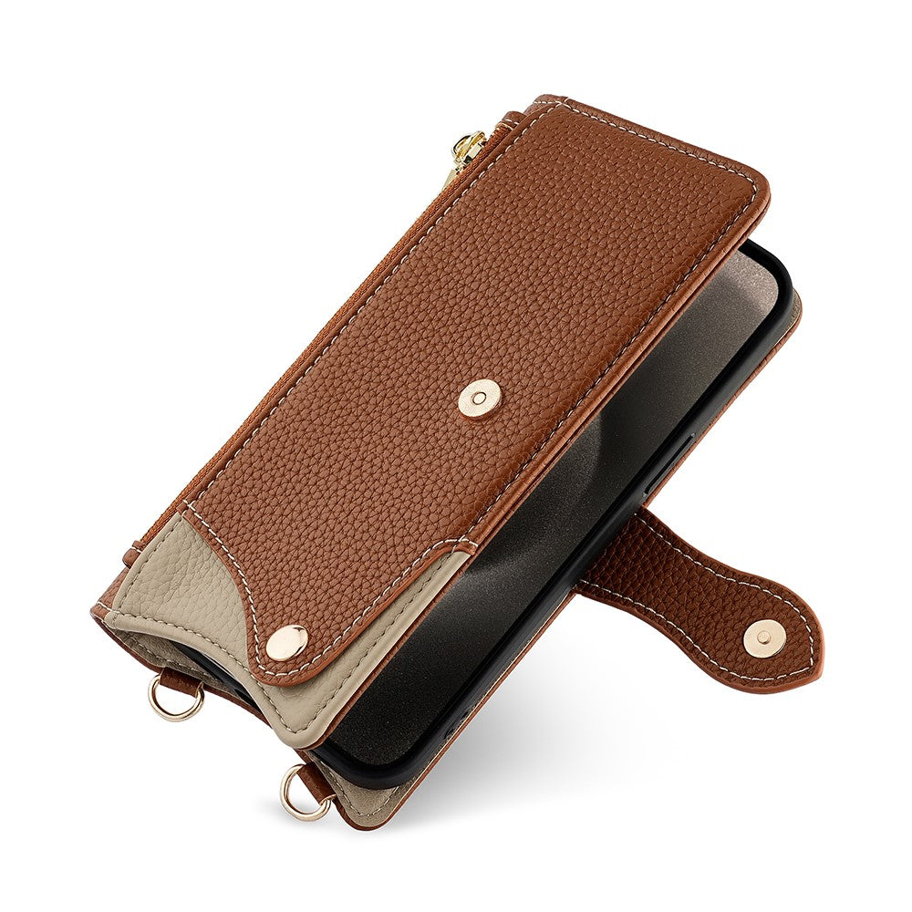 For Samsung Galaxy F06 5G Leather Case Wallet Stand Cover Irregular Tail Style with Chain Strap - Brown