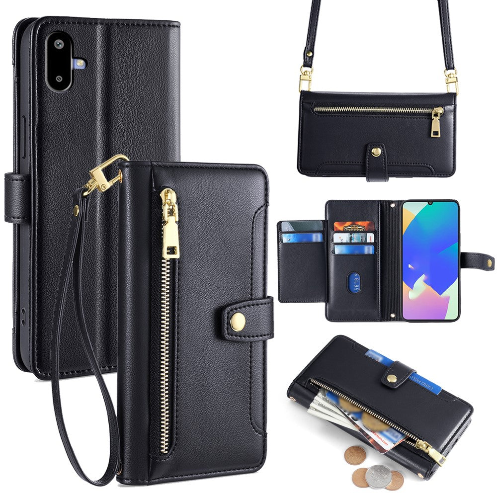 For Samsung Galaxy F06 5G Leather Case Zipper Pocket Wallet Phone Cover with 2 Straps - Black