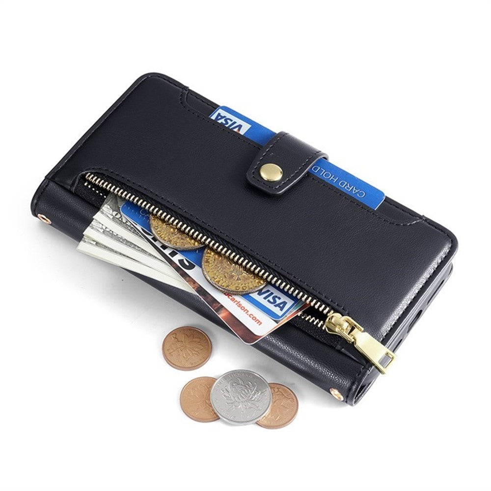 For Samsung Galaxy F06 5G Leather Case Zipper Pocket Wallet Phone Cover with 2 Straps - Black