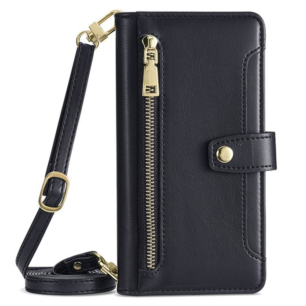 For Samsung Galaxy F06 5G Leather Case Zipper Pocket Wallet Phone Cover with 2 Straps - Black