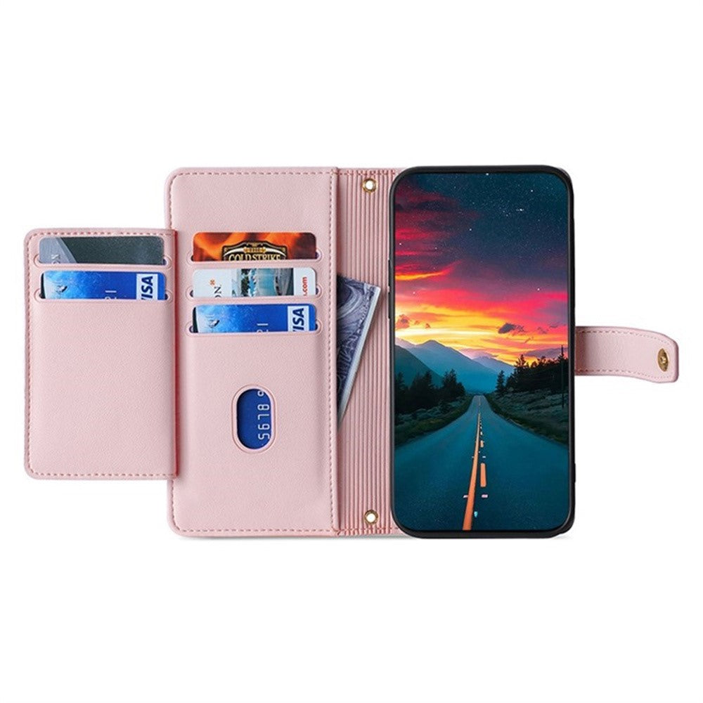 For Samsung Galaxy F06 5G Leather Case Zipper Pocket Wallet Phone Cover with 2 Straps - Pink
