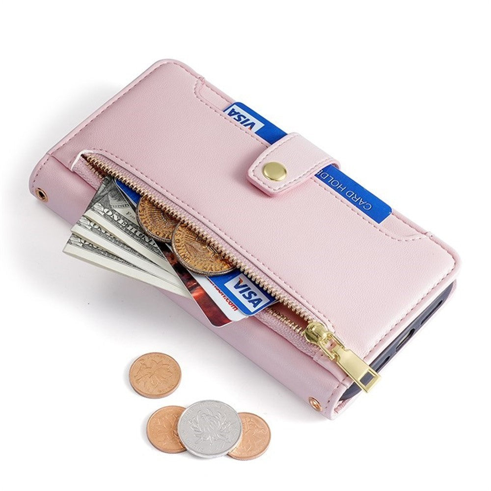 For Samsung Galaxy F06 5G Leather Case Zipper Pocket Wallet Phone Cover with 2 Straps - Pink
