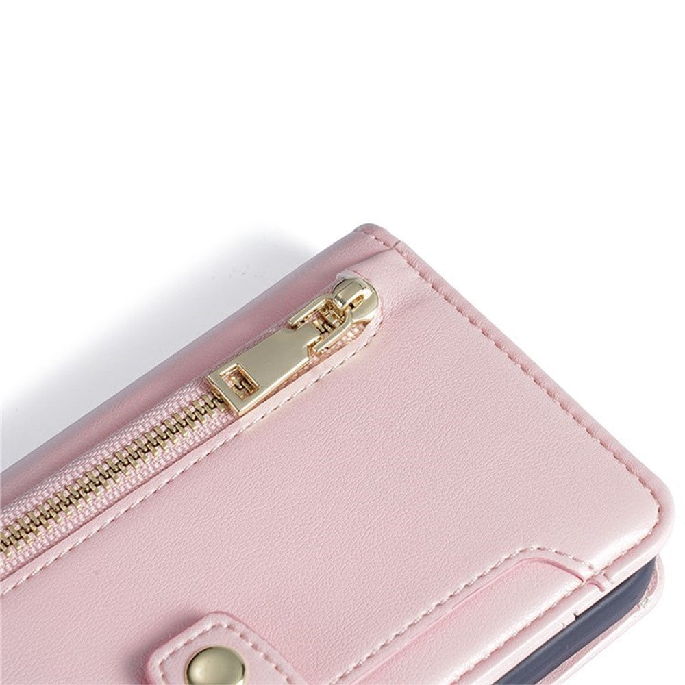 For Samsung Galaxy F06 5G Leather Case Zipper Pocket Wallet Phone Cover with 2 Straps - Pink