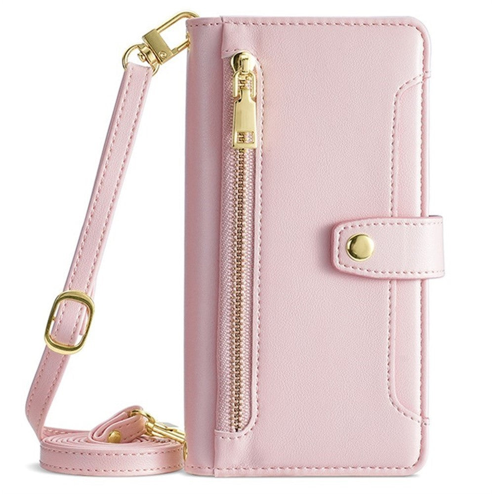 For Samsung Galaxy F06 5G Leather Case Zipper Pocket Wallet Phone Cover with 2 Straps - Pink