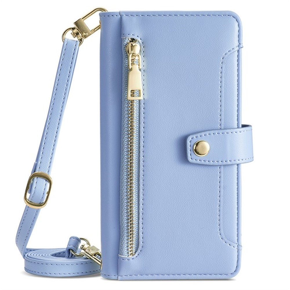 For Samsung Galaxy F06 5G Leather Case Zipper Pocket Wallet Phone Cover with 2 Straps - Blue