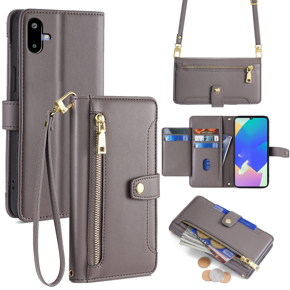 For Samsung Galaxy F06 5G Leather Case Zipper Pocket Wallet Phone Cover with 2 Straps - Grey