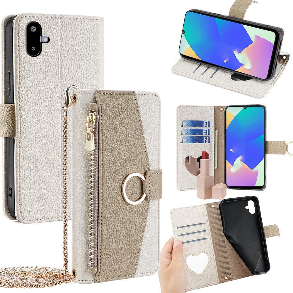 For Samsung Galaxy F06 5G Case Mirror Wallet Leather Phone Cover with Chain Shoulder Strap - White