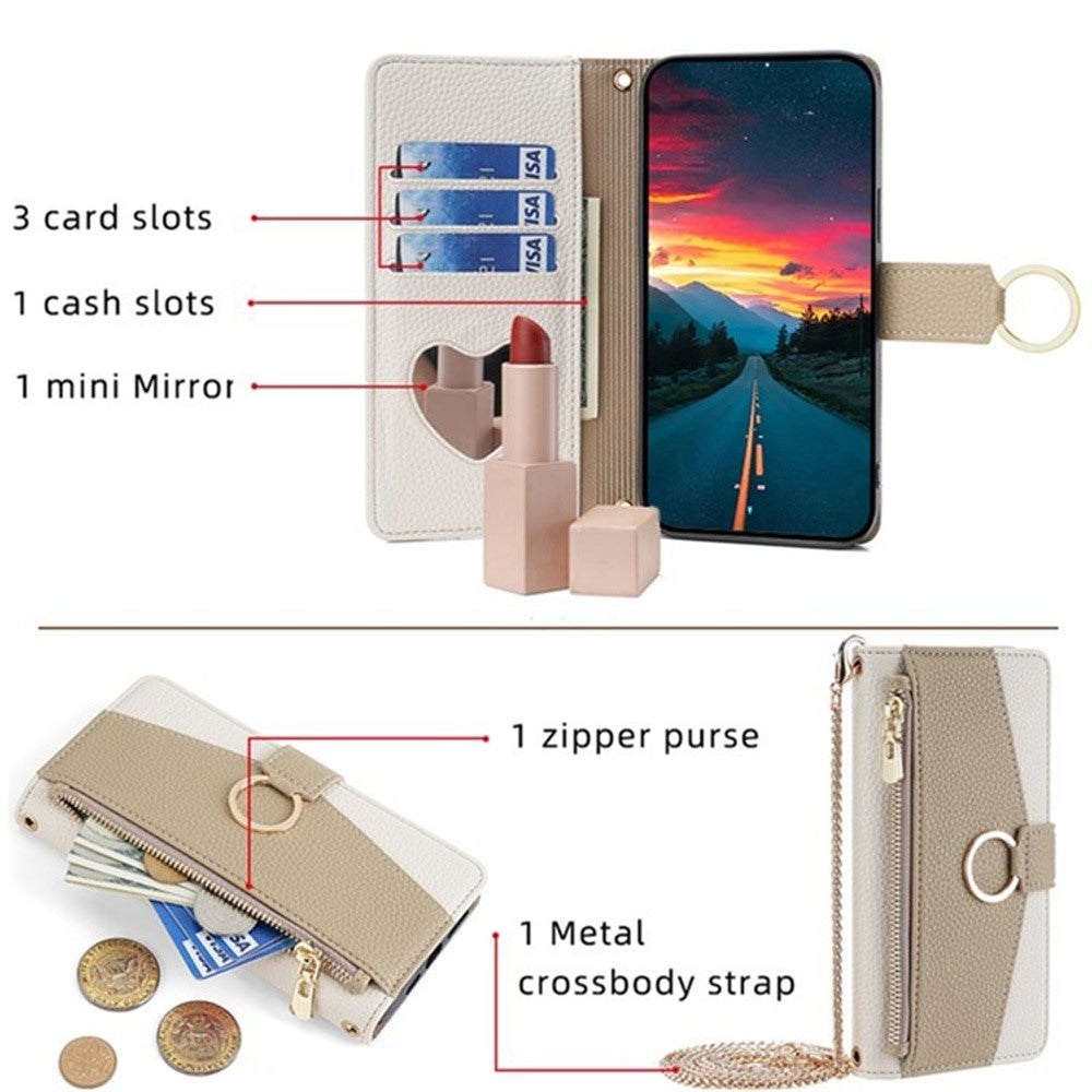 For Samsung Galaxy F06 5G Case Mirror Wallet Leather Phone Cover with Chain Shoulder Strap - White