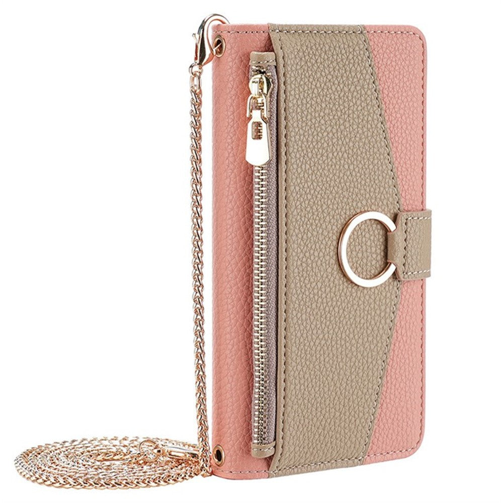 For Samsung Galaxy F06 5G Case Mirror Wallet Leather Phone Cover with Chain Shoulder Strap - Pink