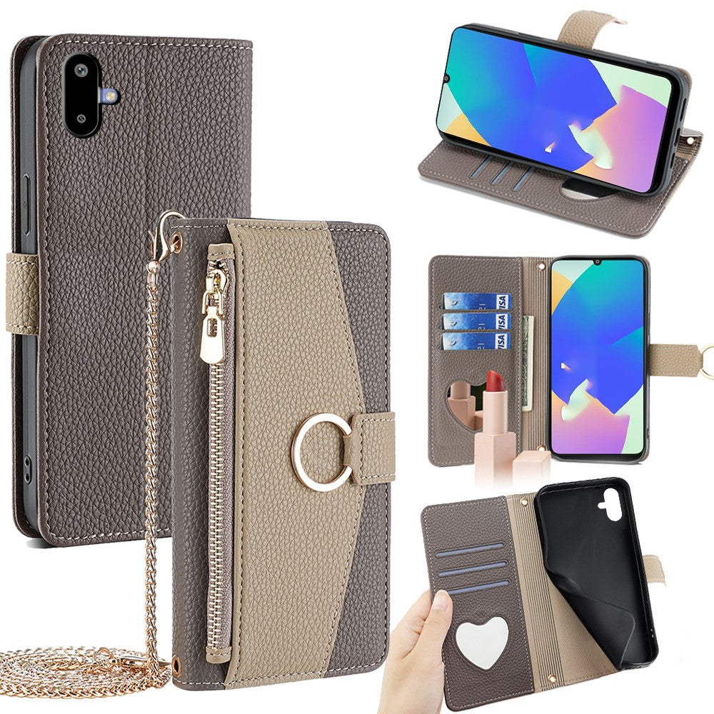 For Samsung Galaxy F06 5G Case Mirror Wallet Leather Phone Cover with Chain Shoulder Strap - Grey