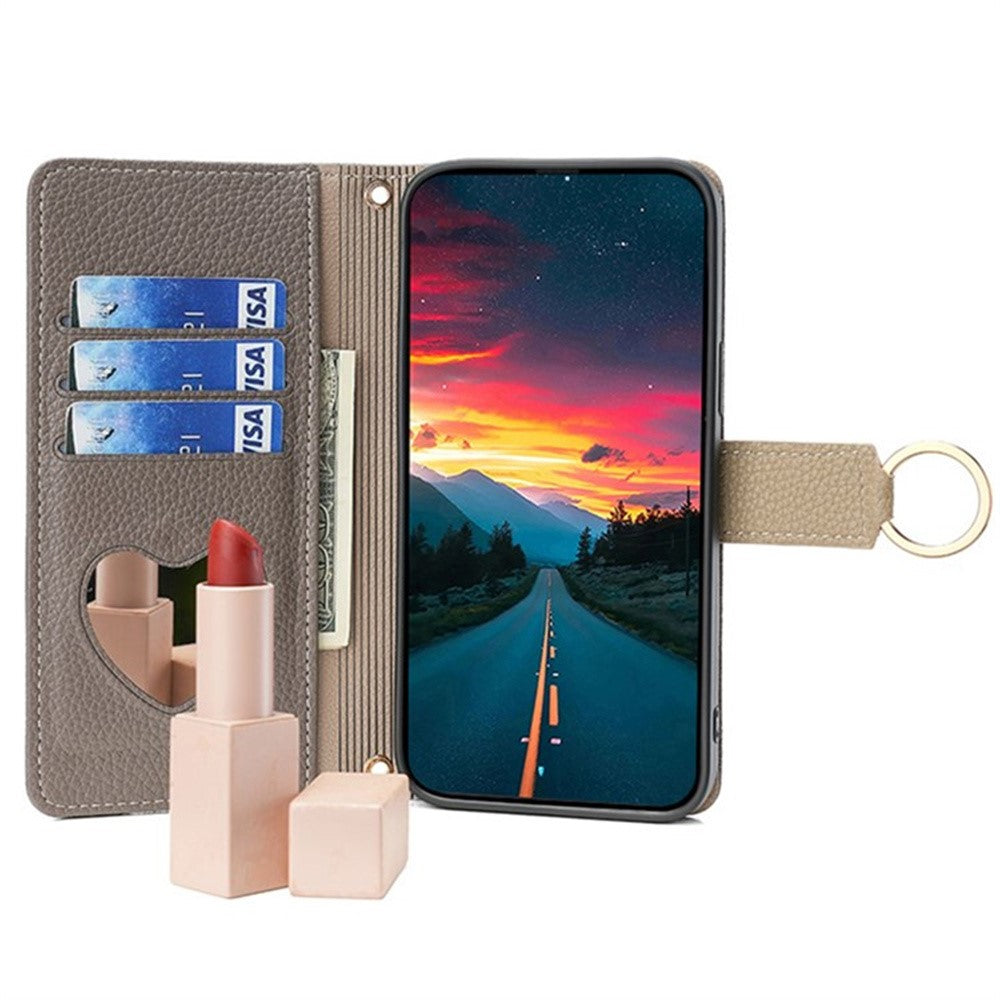 For Samsung Galaxy F06 5G Case Mirror Wallet Leather Phone Cover with Chain Shoulder Strap - Grey
