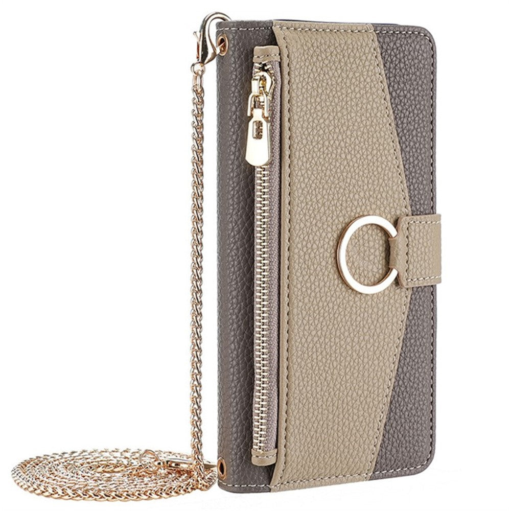 For Samsung Galaxy F06 5G Case Mirror Wallet Leather Phone Cover with Chain Shoulder Strap - Grey