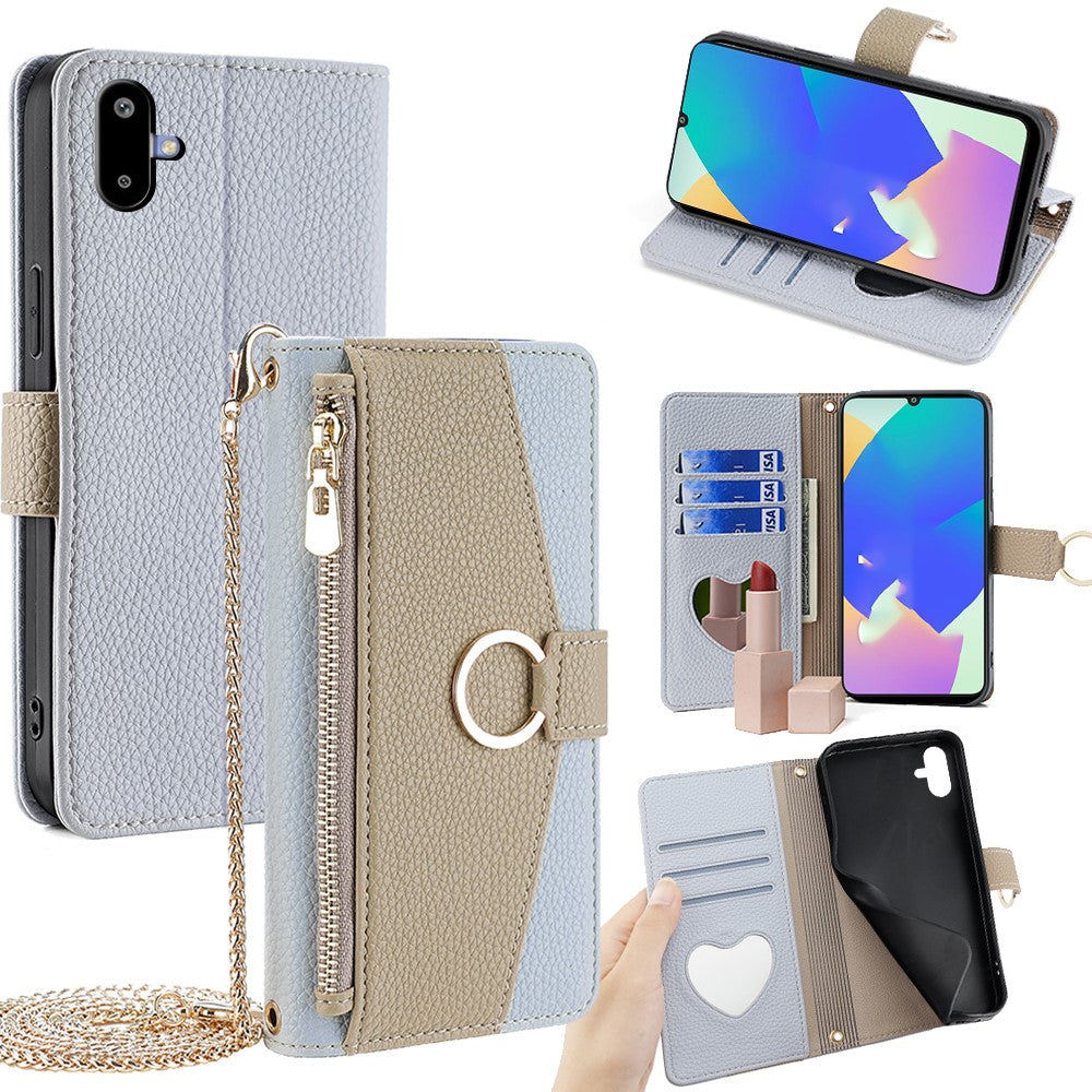 For Samsung Galaxy F06 5G Case Mirror Wallet Leather Phone Cover with Chain Shoulder Strap - Blue