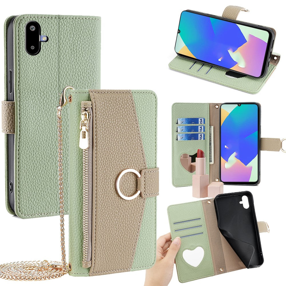 For Samsung Galaxy F06 5G Case Mirror Wallet Leather Phone Cover with Chain Shoulder Strap - Green