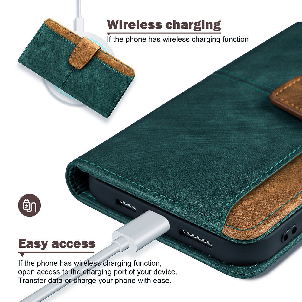 For Samsung Galaxy F06 5G Case RFID Blocking Color Splicing PU Leather Wallet Phone Cover - Green