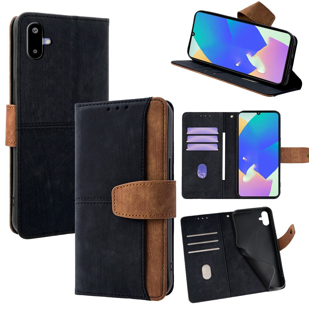 For Samsung Galaxy F06 5G Case RFID Blocking Color Splicing PU Leather Wallet Phone Cover - Black