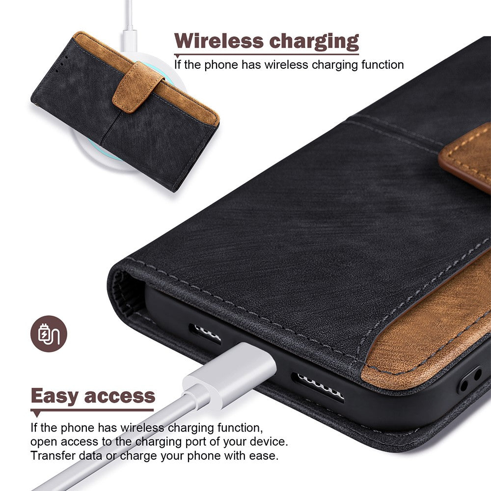 For Samsung Galaxy F06 5G Case RFID Blocking Color Splicing PU Leather Wallet Phone Cover - Black