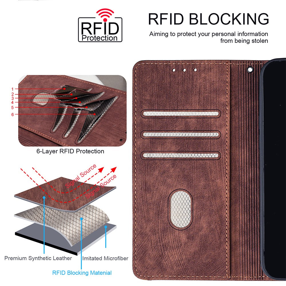 For Samsung Galaxy F06 5G Case RFID Blocking Color Splicing PU Leather Wallet Phone Cover - Brown