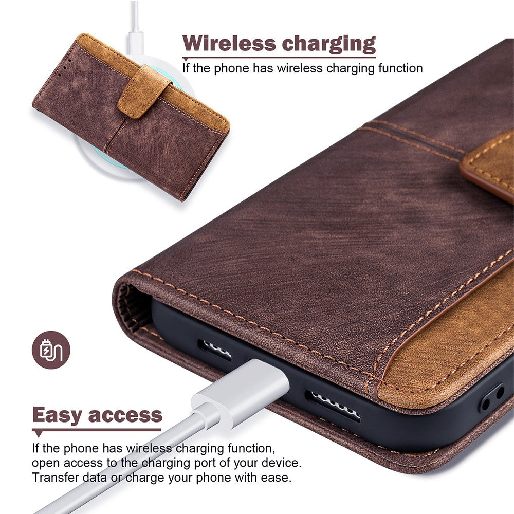 For Samsung Galaxy F06 5G Case RFID Blocking Color Splicing PU Leather Wallet Phone Cover - Brown