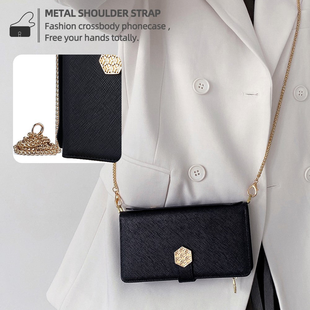 For Samsung Galaxy F06 5G Case Cross Texture PU Leather+TPU Wallet Phone Cover with Strap - Black