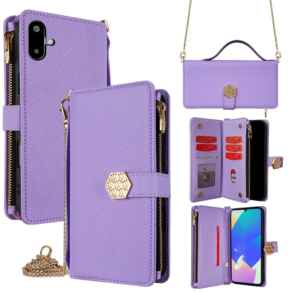 For Samsung Galaxy F06 5G Case Cross Texture PU Leather+TPU Wallet Phone Cover with Strap - Purple
