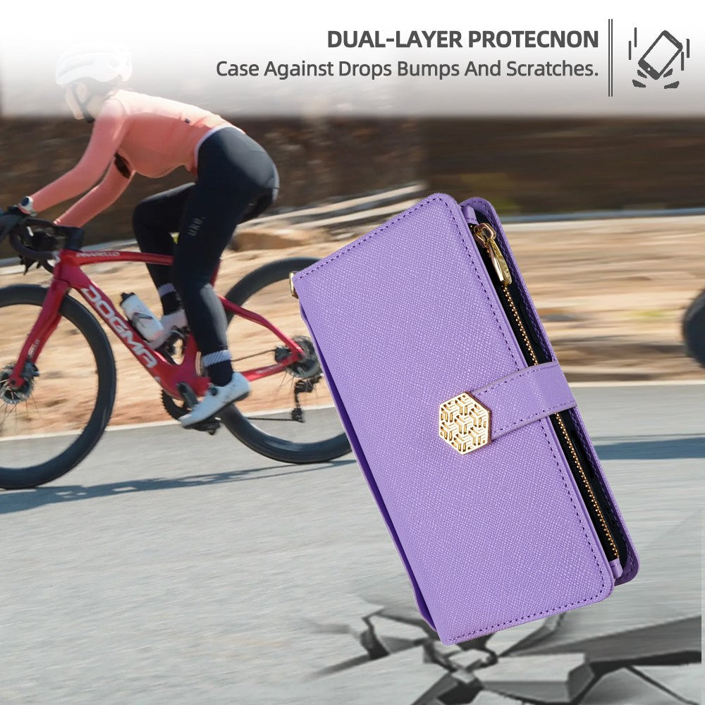 For Samsung Galaxy F06 5G Case Cross Texture PU Leather+TPU Wallet Phone Cover with Strap - Purple