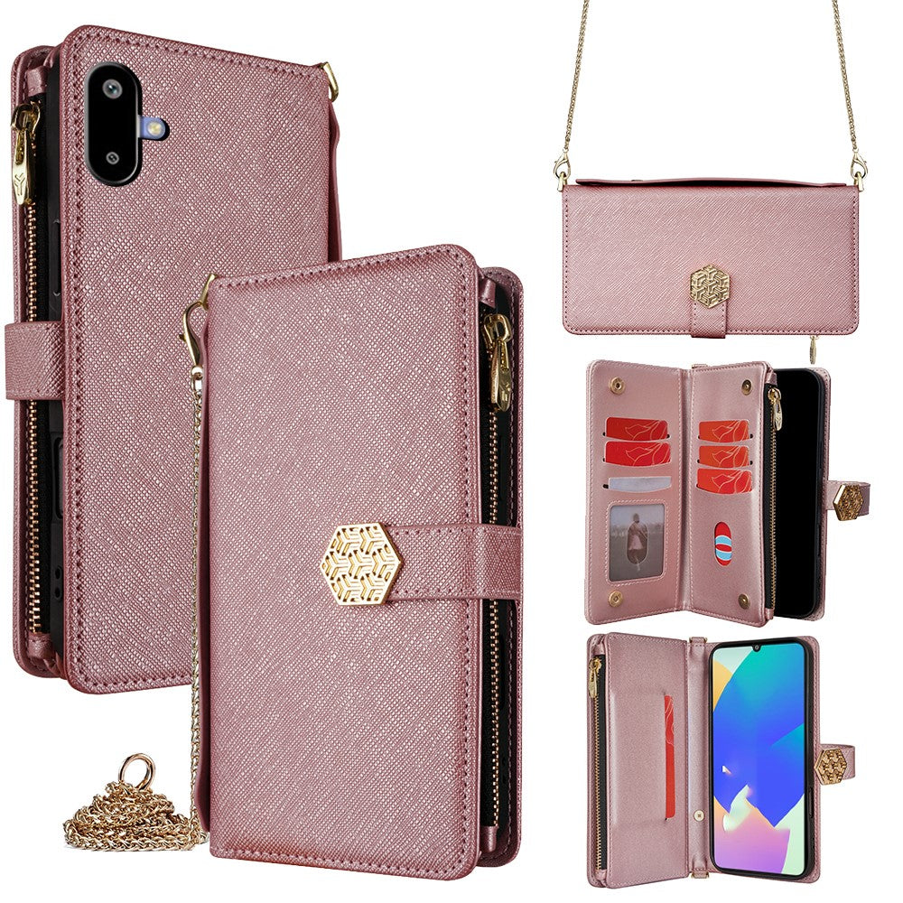 For Samsung Galaxy F06 5G Case Cross Texture PU Leather+TPU Wallet Phone Cover with Strap - Rose Gold