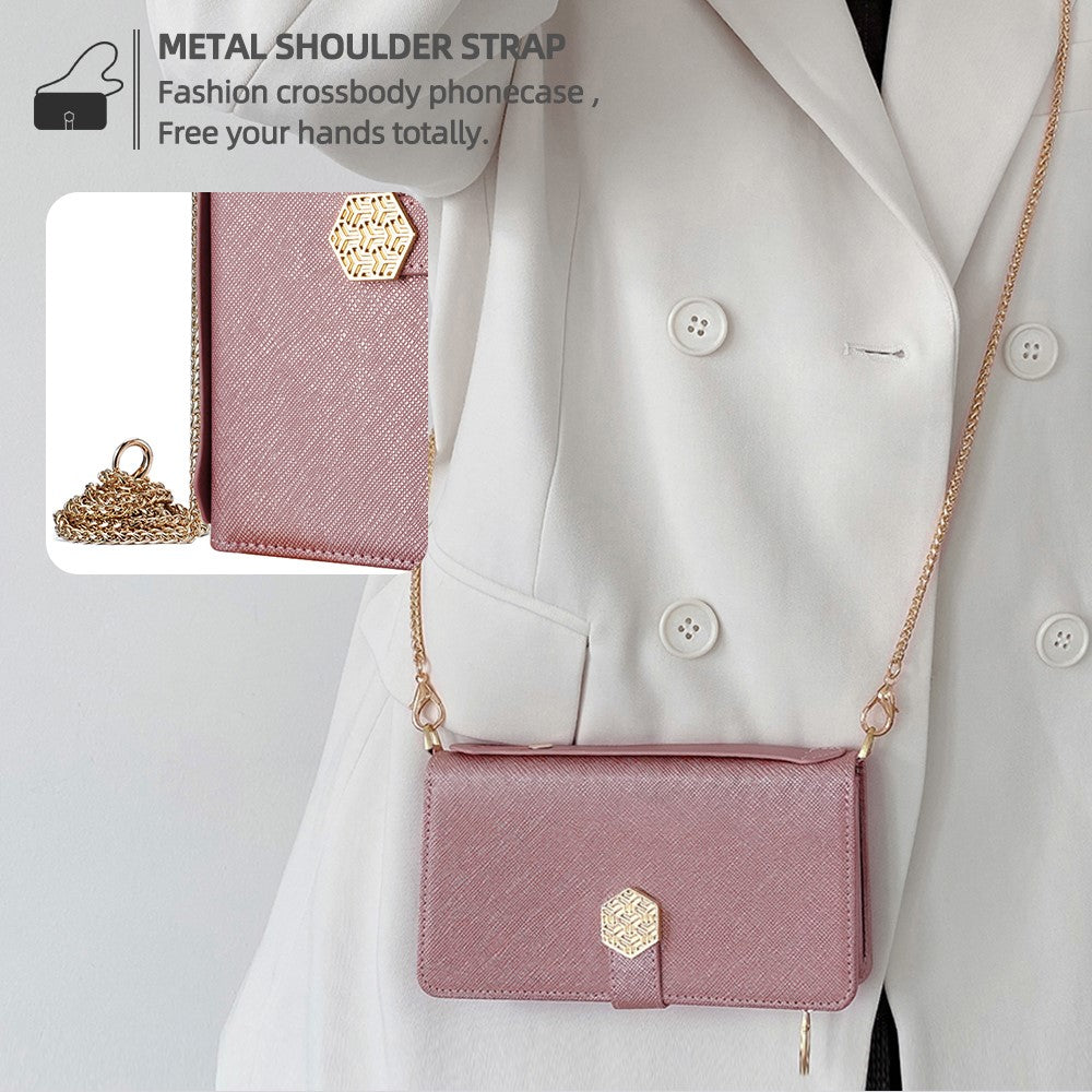 For Samsung Galaxy F06 5G Case Cross Texture PU Leather+TPU Wallet Phone Cover with Strap - Rose Gold
