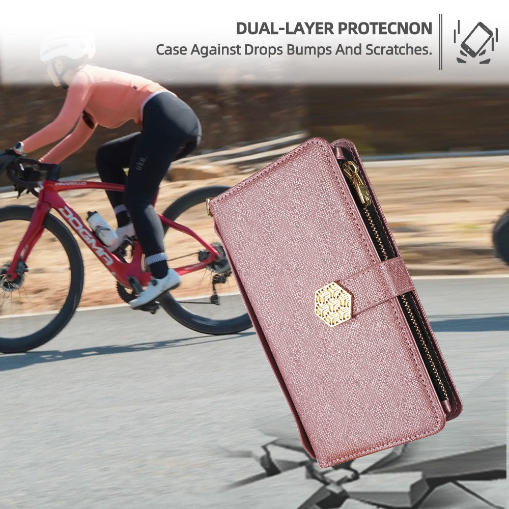 For Samsung Galaxy F06 5G Case Cross Texture PU Leather+TPU Wallet Phone Cover with Strap - Rose Gold