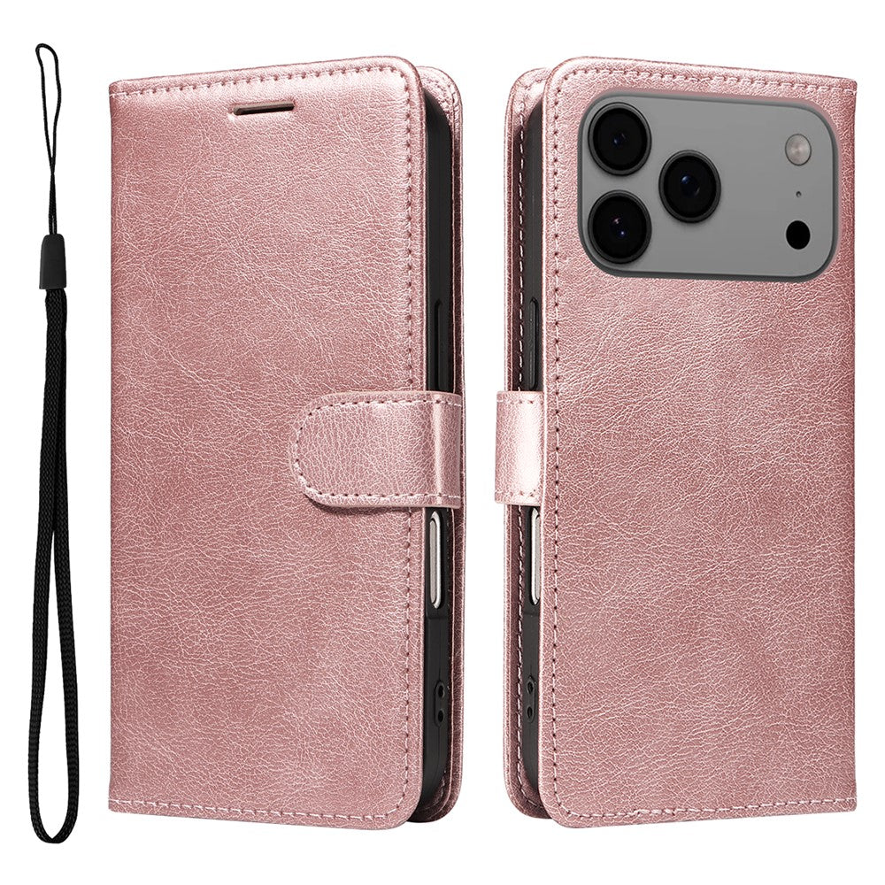 For iPhone 17 Pro Max Leather Wallet Case with Strap Solid Color Phone Stand Cover - Rose Gold