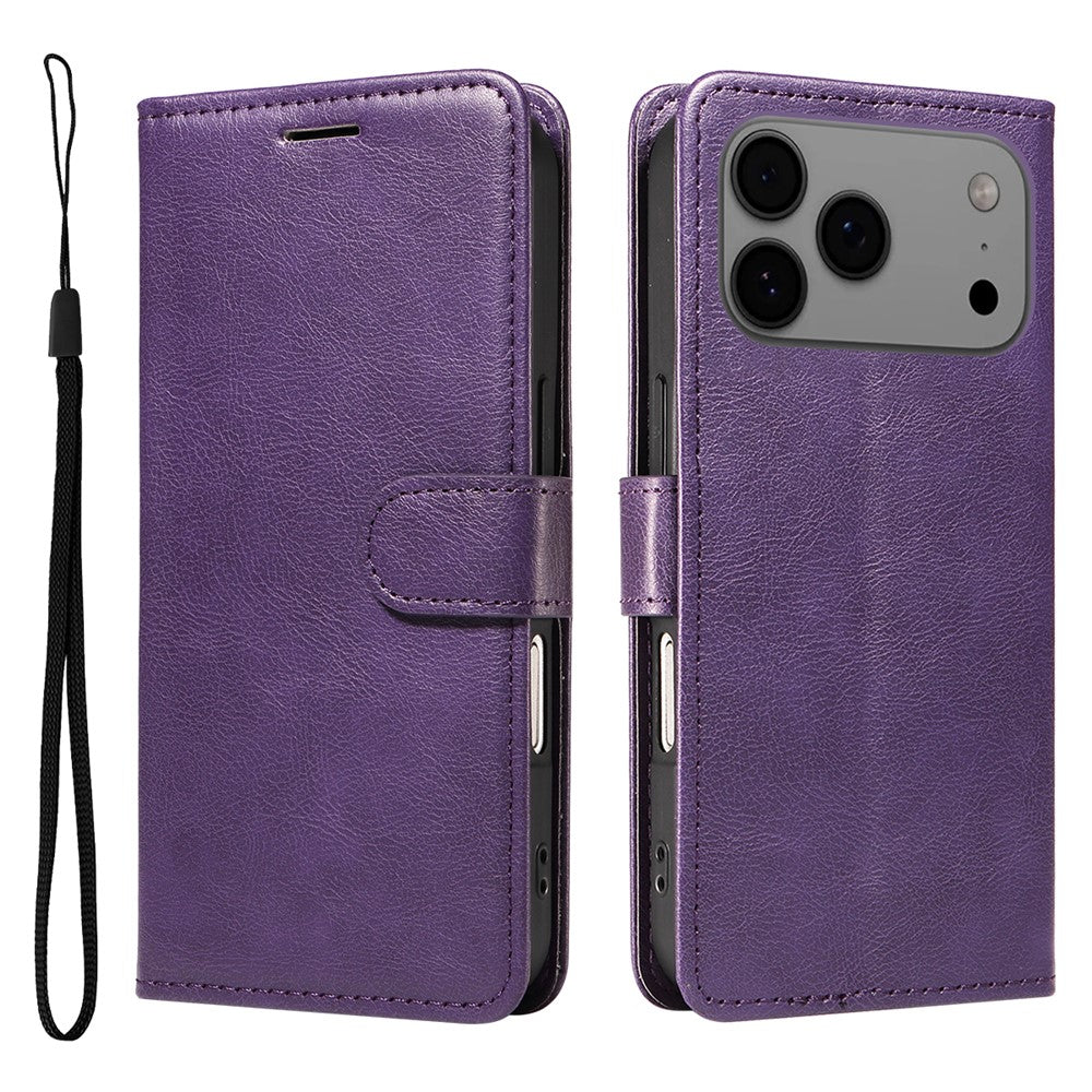 For iPhone 17 Pro Max Leather Wallet Case with Strap Solid Color Phone Stand Cover - Purple