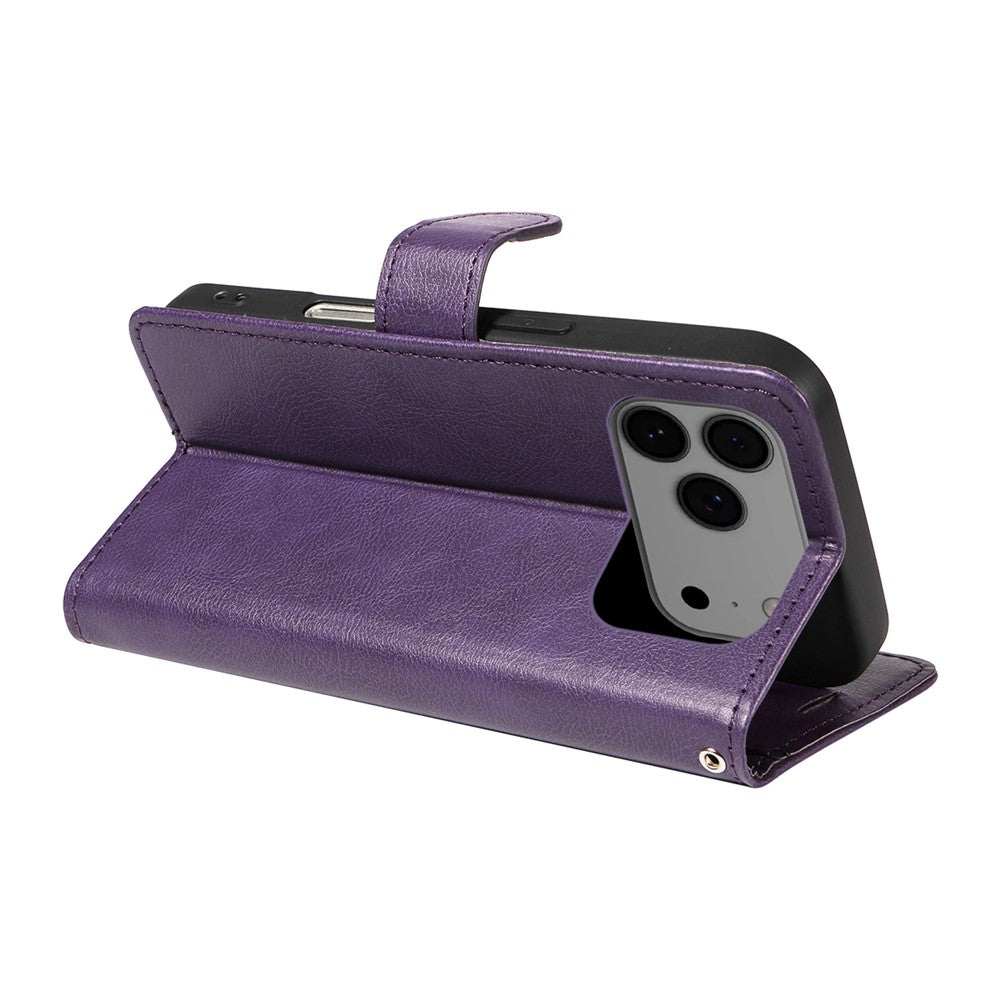 For iPhone 17 Pro Max Leather Wallet Case with Strap Solid Color Phone Stand Cover - Purple