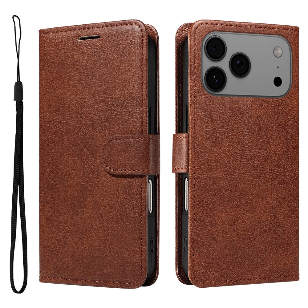 For iPhone 17 Pro Max Leather Wallet Case with Strap Solid Color Phone Stand Cover - Brown