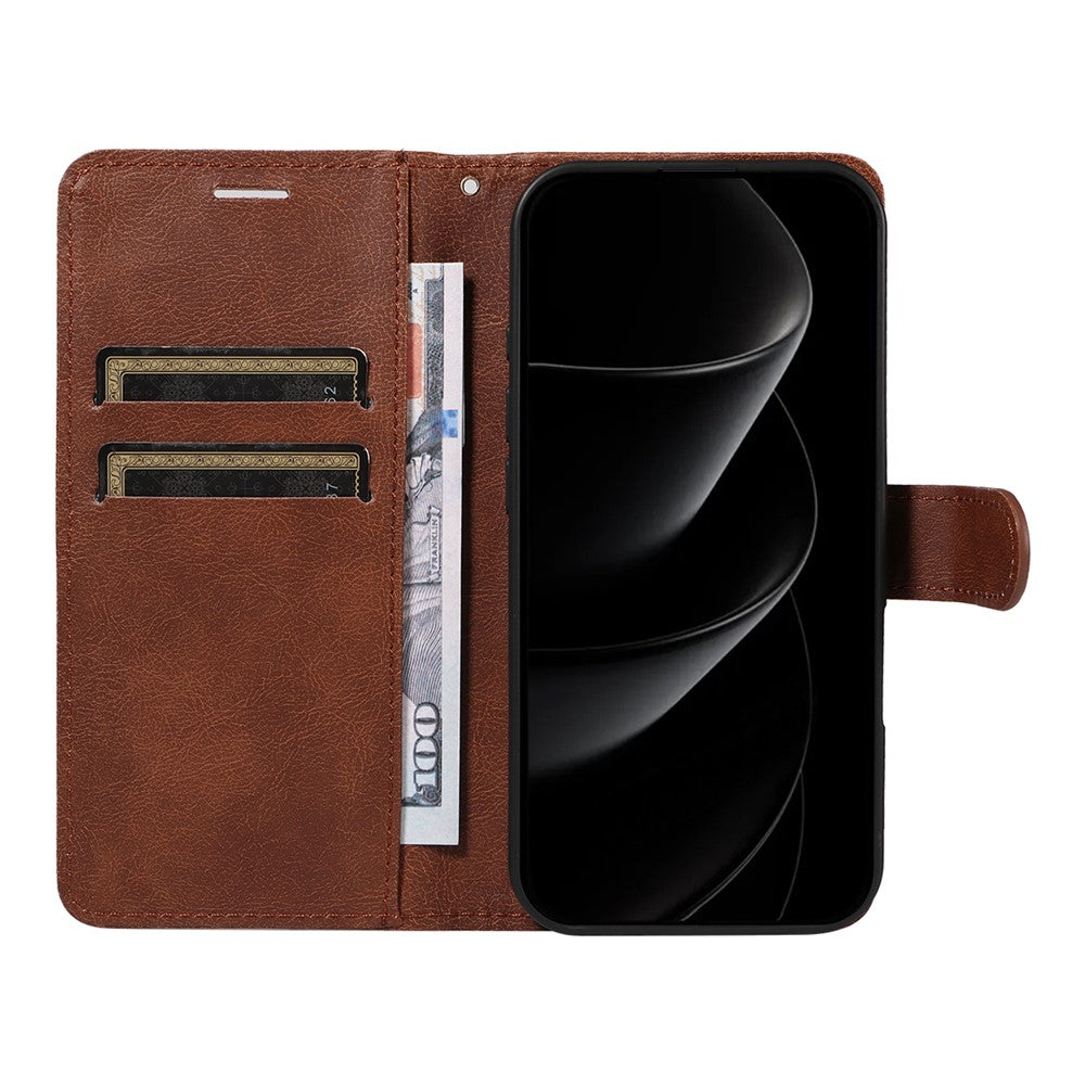 For iPhone 17 Pro Max Leather Wallet Case with Strap Solid Color Phone Stand Cover - Brown