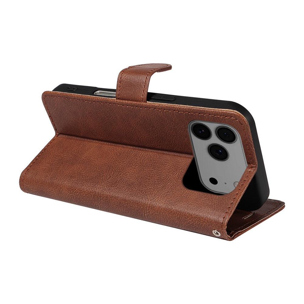 For iPhone 17 Pro Max Leather Wallet Case with Strap Solid Color Phone Stand Cover - Brown