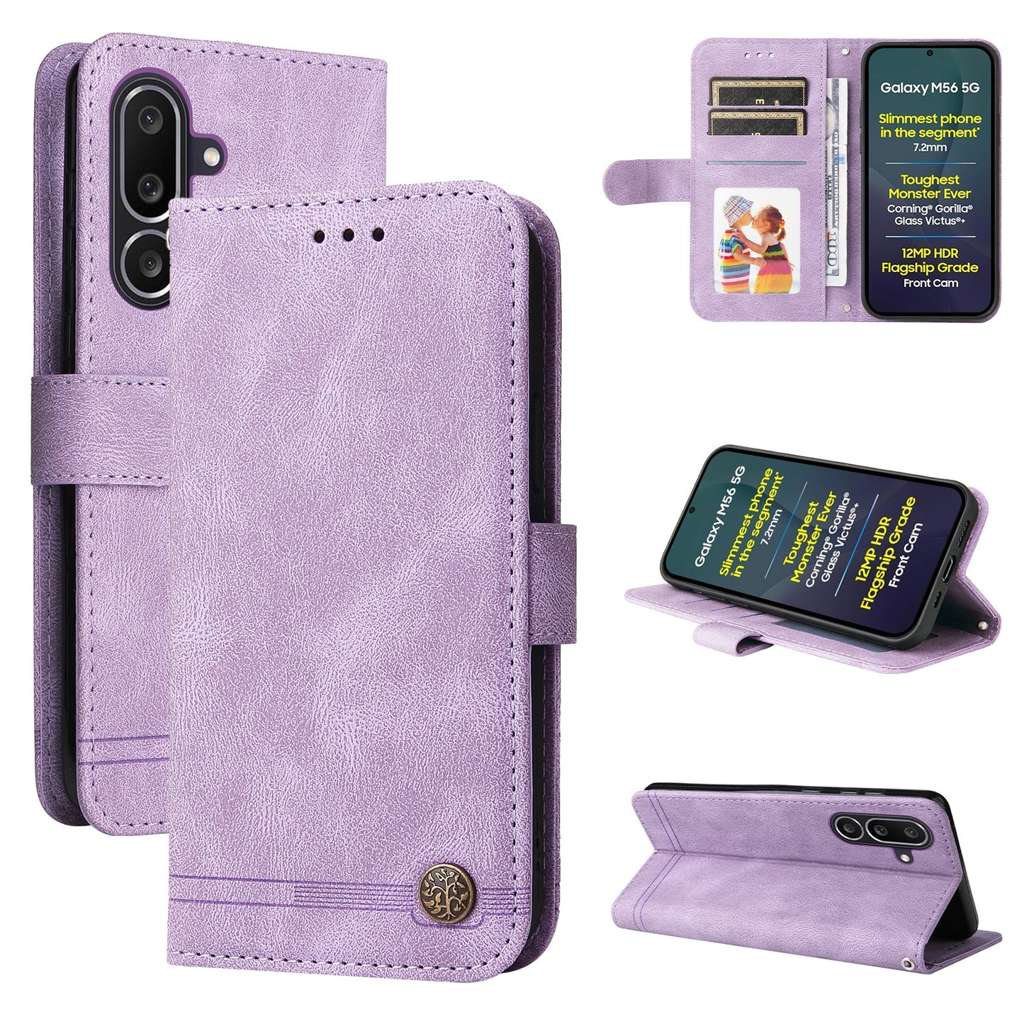 For Samsung Galaxy M56 5G Leather Wallet Cases Skin Touch Phone Cover Stand with Strap - Purple