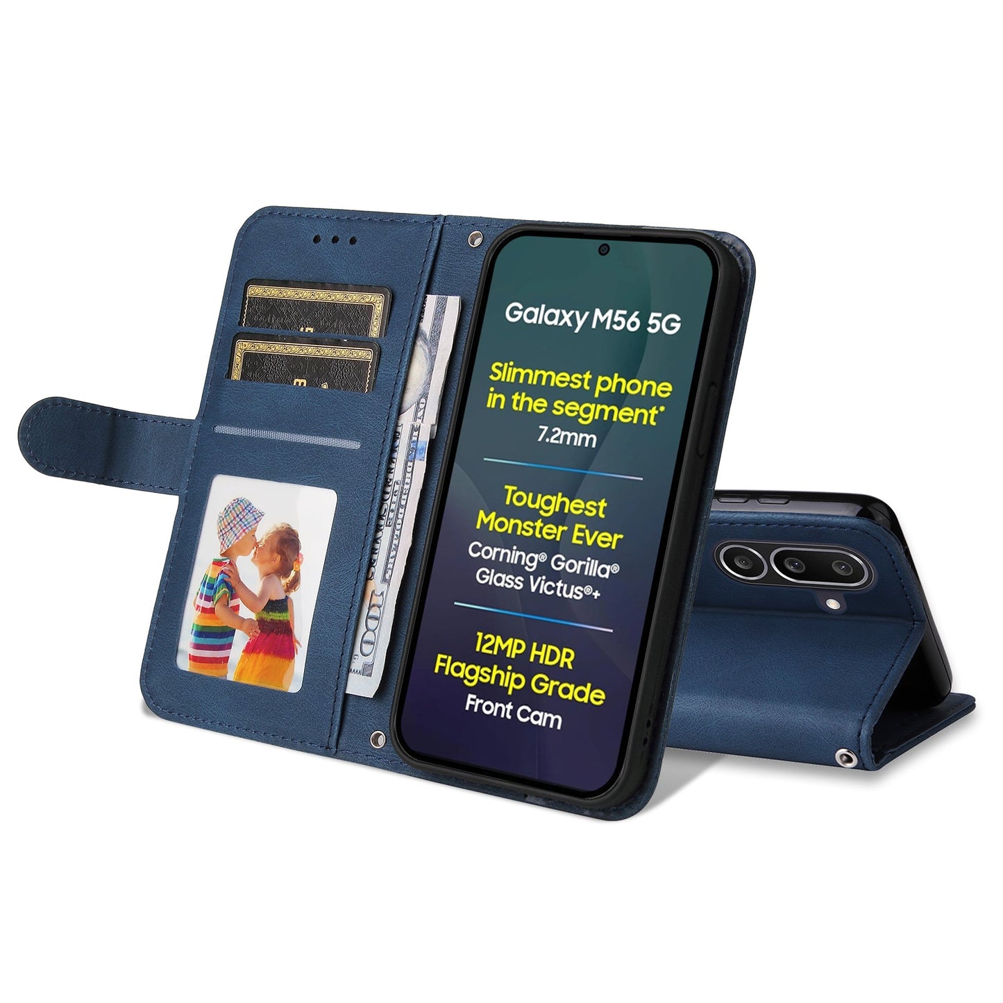 For Samsung Galaxy M56 5G Leather Wallet Cases Skin Touch Phone Cover Stand with Strap - Blue