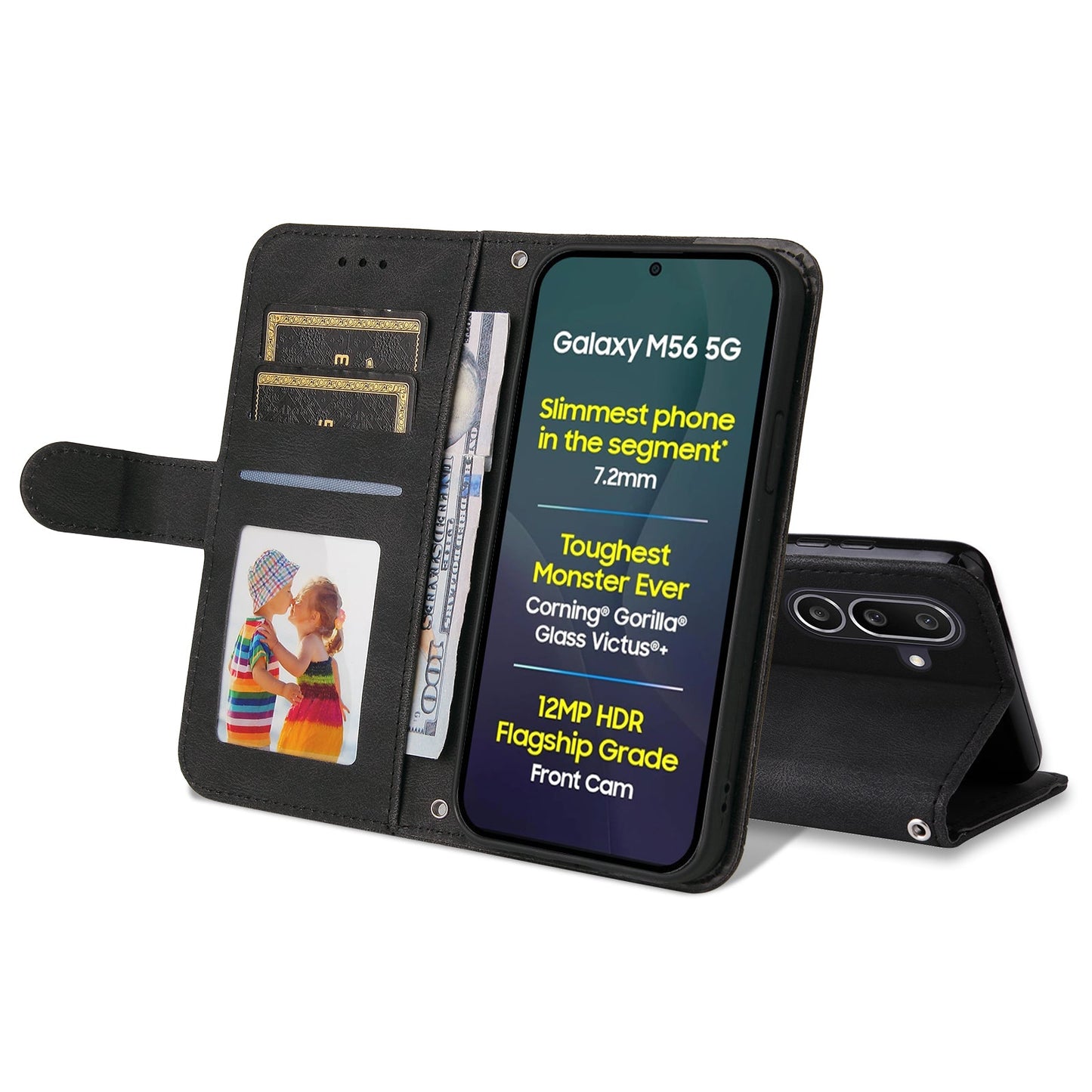For Samsung Galaxy M56 5G Leather Wallet Cases Skin Touch Phone Cover Stand with Strap - Black