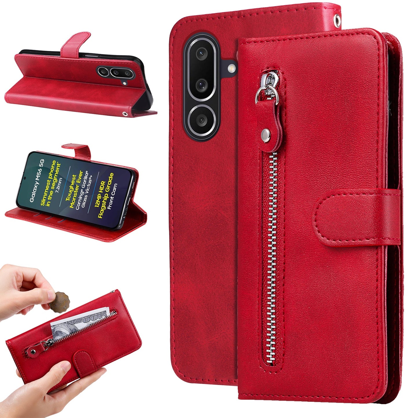 For Samsung Galaxy M56 5G PU Leather Cases with Zipper Pocket Wallet Phone Cover Stand - Red