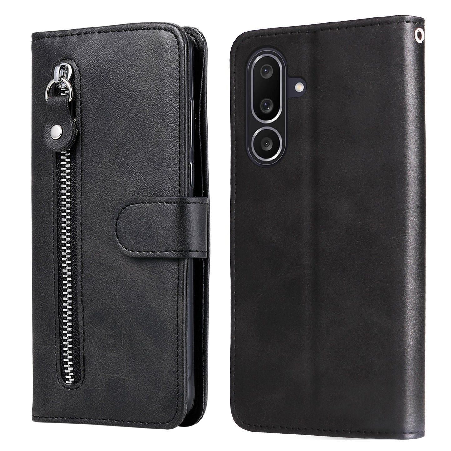 For Samsung Galaxy M56 5G PU Leather Cases with Zipper Pocket Wallet Phone Cover Stand - Black