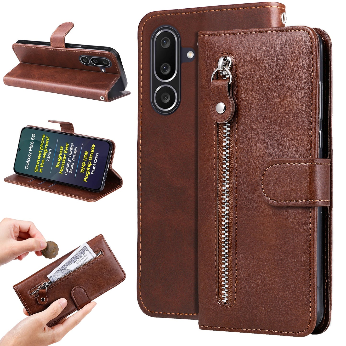 For Samsung Galaxy M56 5G PU Leather Cases with Zipper Pocket Wallet Phone Cover Stand - Brown
