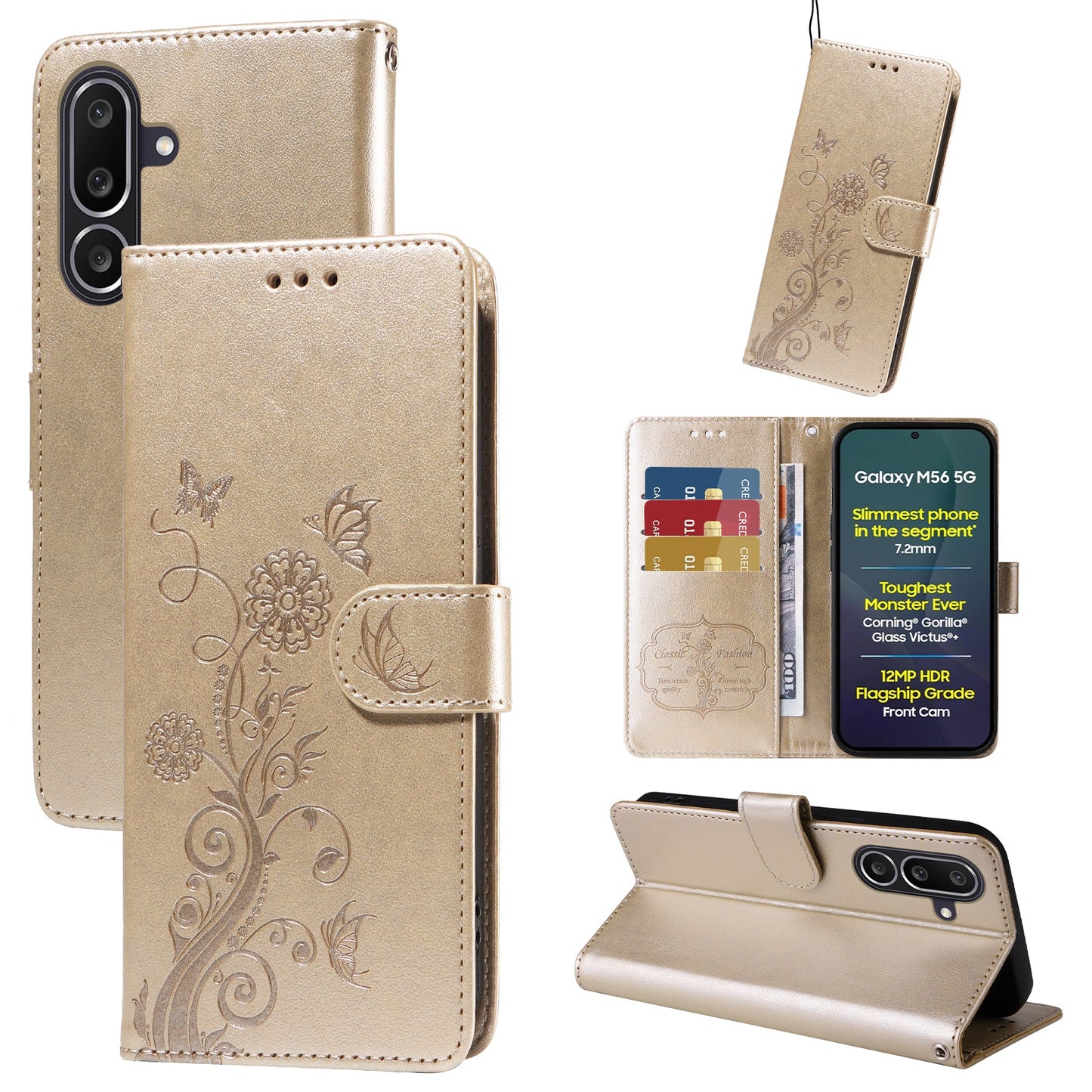 For Samsung Galaxy M56 5G Leather Case Butterfly Floral Imprint Wallet Stand Cover - Golden