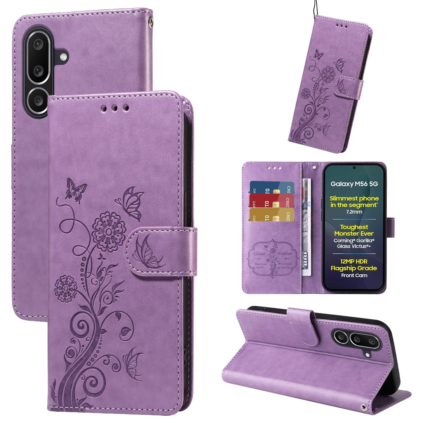 For Samsung Galaxy M56 5G Leather Case Butterfly Floral Imprint Wallet Stand Cover - Purple