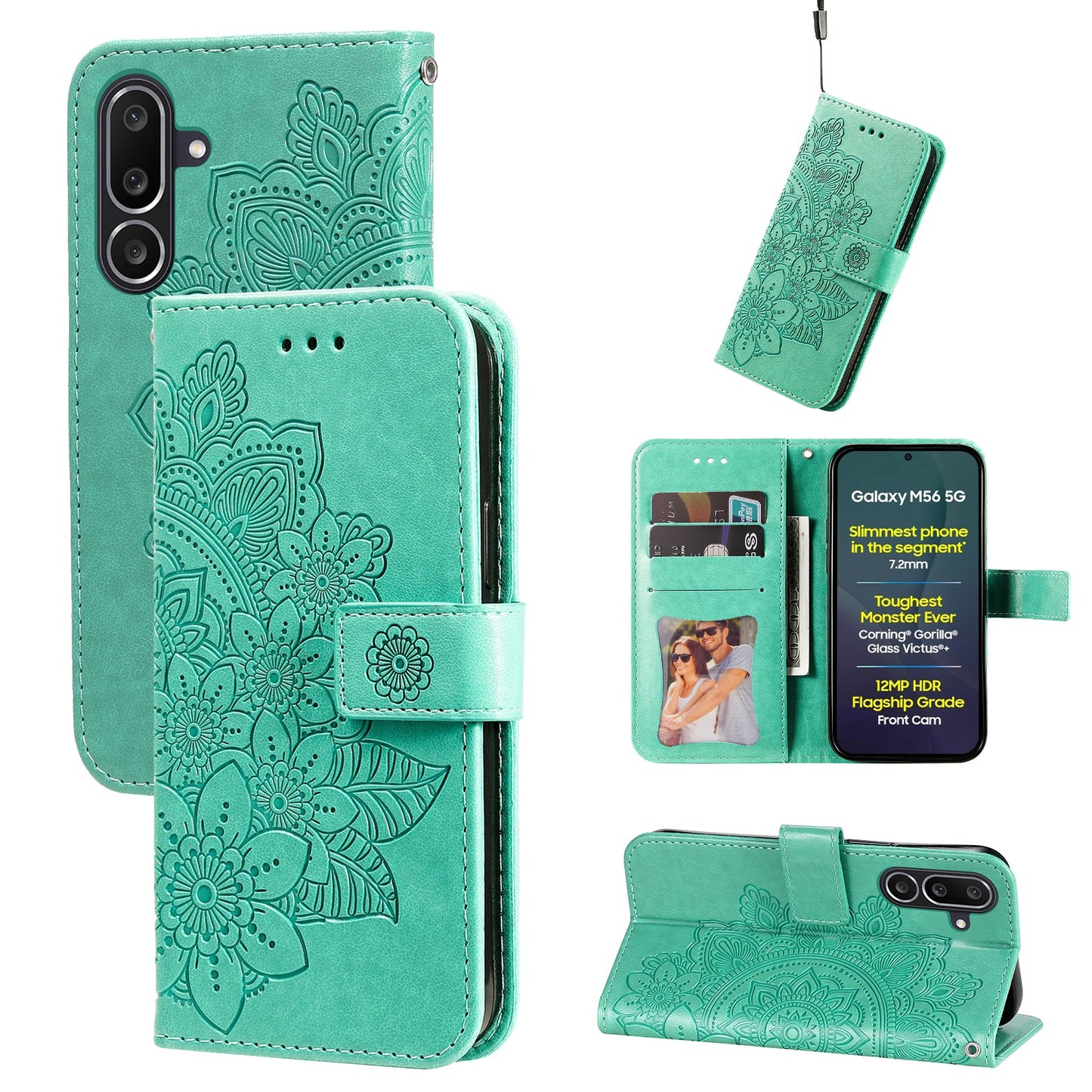 For Samsung Galaxy M56 5G Case Floral Pattern PU Leather Wallet Stand Phone Cover - Green